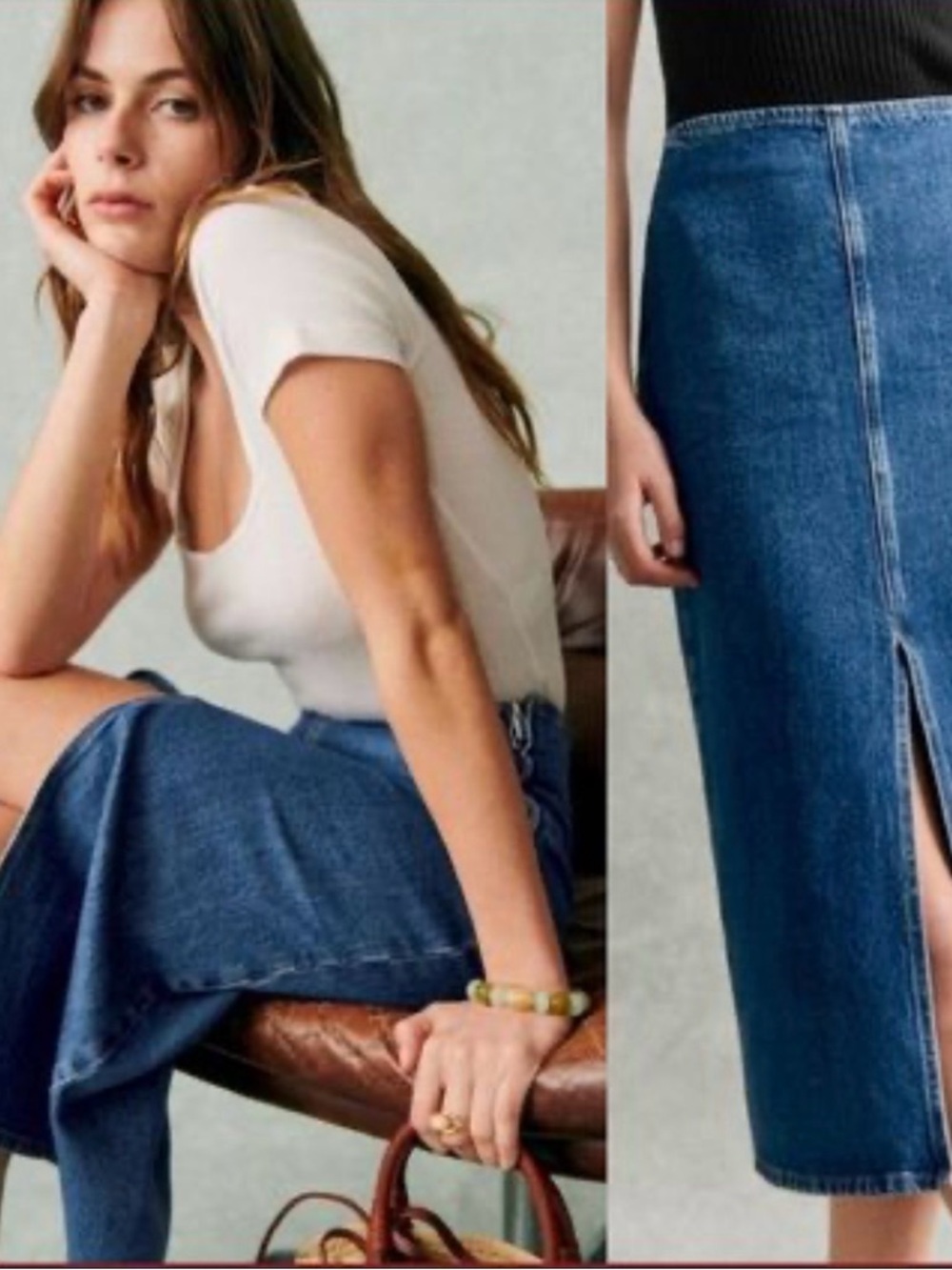 Sézane Eloane SZ 6 EUC High-Waist Blue Denim Midi Skirt with Front Slit